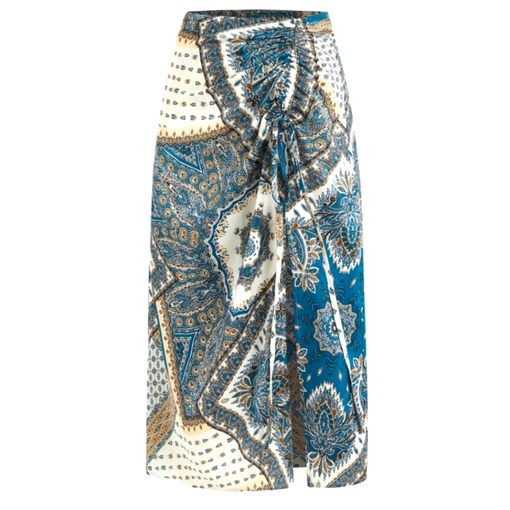 Paisley print ruched skirt with slit